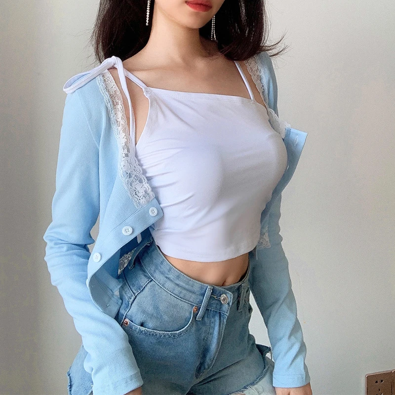 Women Sexy Long Sleeve T Shirts Fashion Lace Ribbed knitting Hollow Crop Tops Slim Elastic Cardigan Tanks Clothes 2024 Autumn