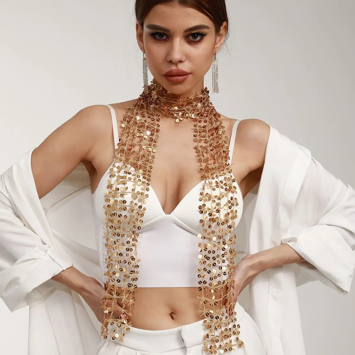 

Блестящий шарф с пайетками для женщин, модный аксессуар с геометрическим принтом, повседневный вечерний галстук, мягкий и легкий вес ​ ​