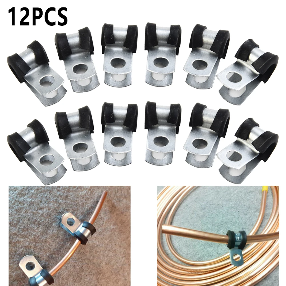 

12pcs Automotive P-type Clamp Pipeline Cable Installation Rubber Lined Wiring Hose Clamp Fixing Fastener Automotive Accessories