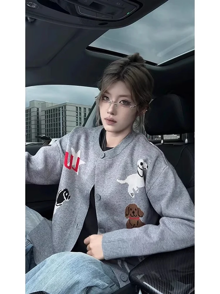 

American Retro Fun Dog Open Cardigan Sweater Men's round Ne Coat Lazy Sle Knitted irt for Couples Autumn Season