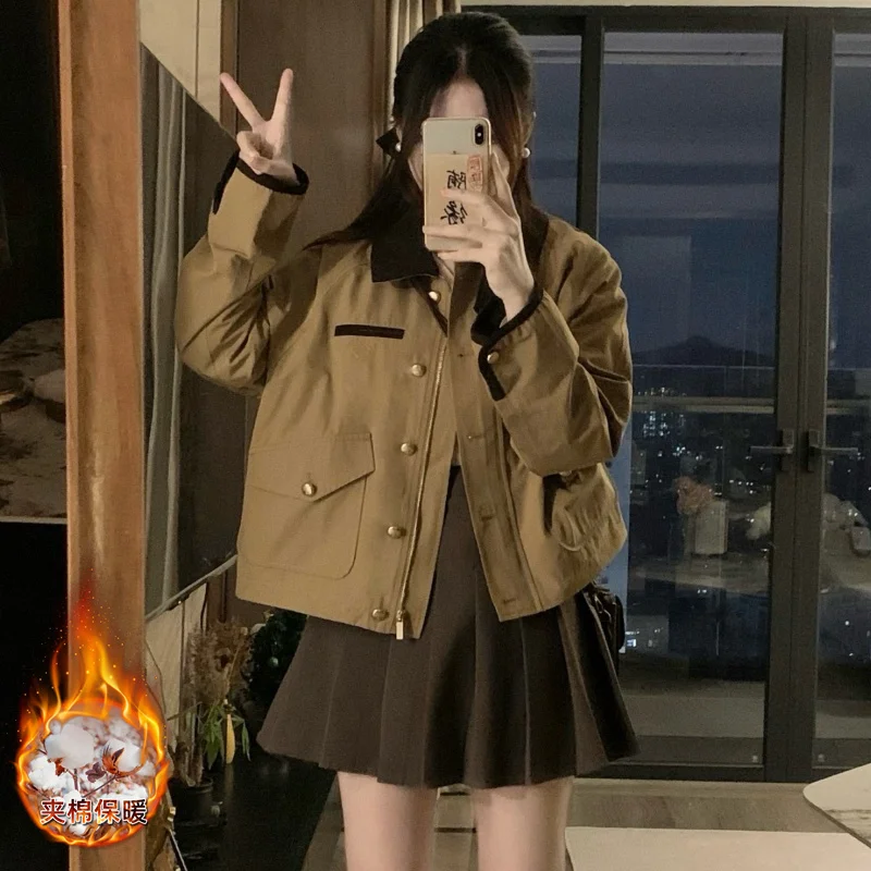 

Ретро однотонные стираные куртки с отложным воротником и капюшоном, модные женские свободные повседневные уличные куртки, топы, пальто, женская одежда