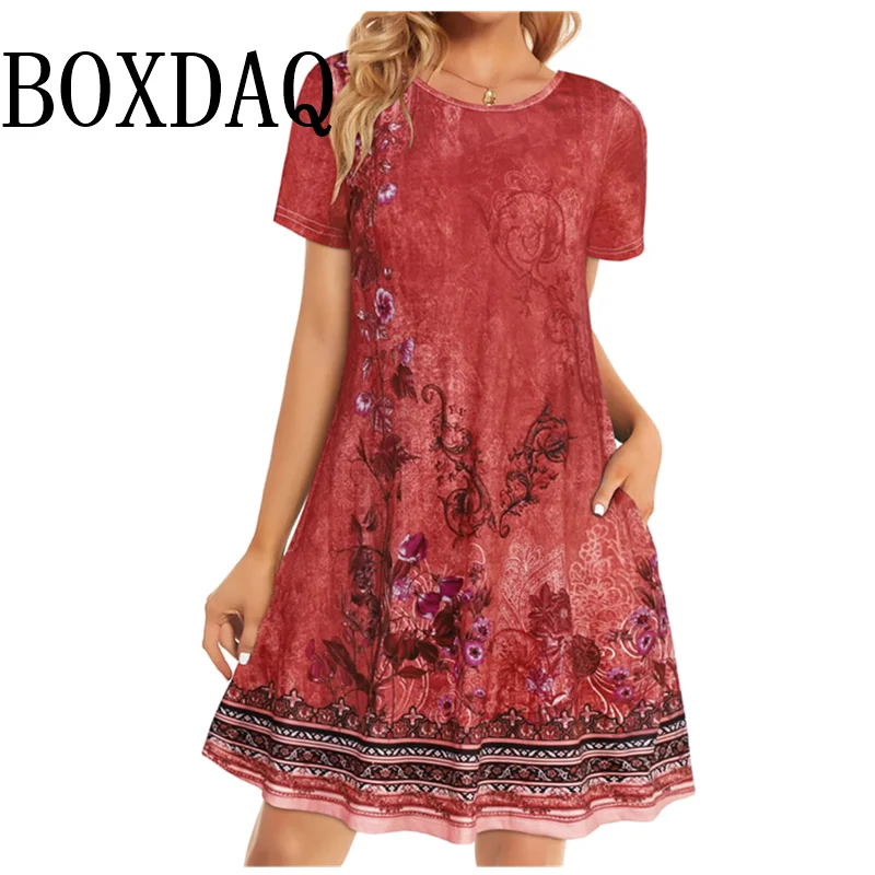 Boêmio vintage impresso vestido de verão senhoras solto camiseta vestido casual feminino praia manga curta em torno do pescoço bolso vestido curto
