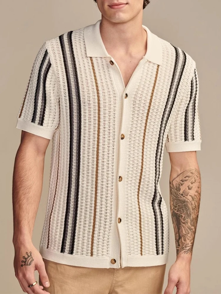 

2025 Spring Summer Stylish Striped Shirts Men Knitted Short Sleeve Lapel Buttoned Cardigan Tops Mens Casual Slim Fit Knit Shirt