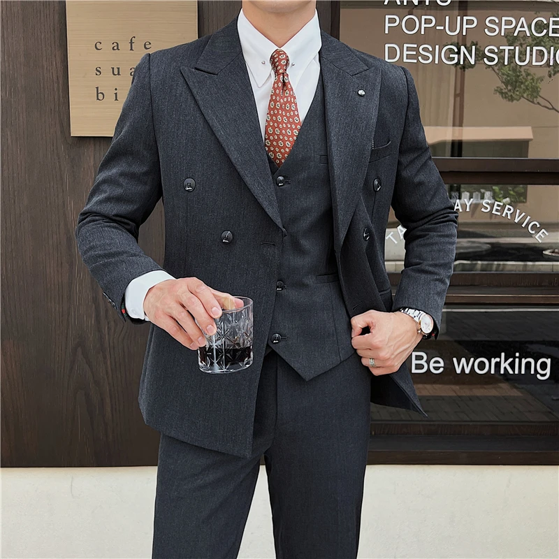 (Blazer+Vest+Pants) Boutique Men\'s Business Gentleman Wedding Dress Double Breasted Office Suits Hosting Slim Casual 3 Piece Set