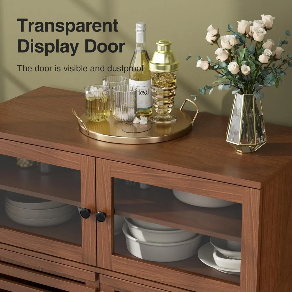 خزانة بوفيه جانبية بطول 51 بوصة مع مساحة تخزين، وخزانة حديثة لمنتصف القرن مع بابين مخططة شبكية ورفوف قابلة للتعديل، ج #4