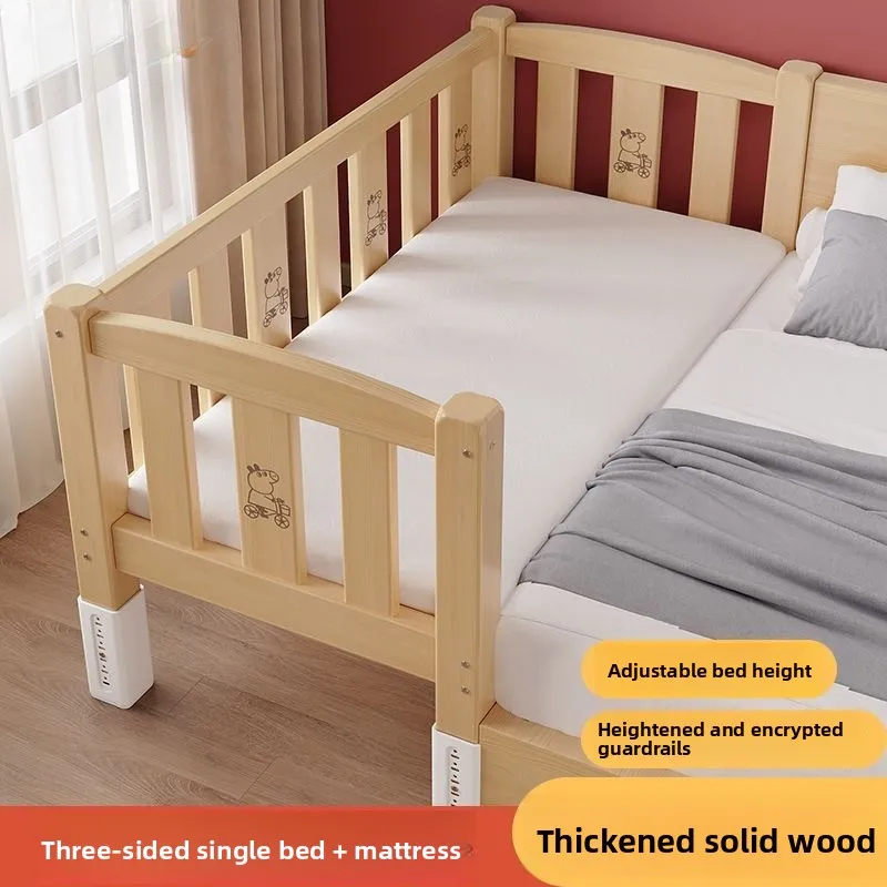 Solid Wood Splicing Bed for Kids Children ToddlerAdjustable Length  Safe High Guardrail with Thickened Slats for Bedroom