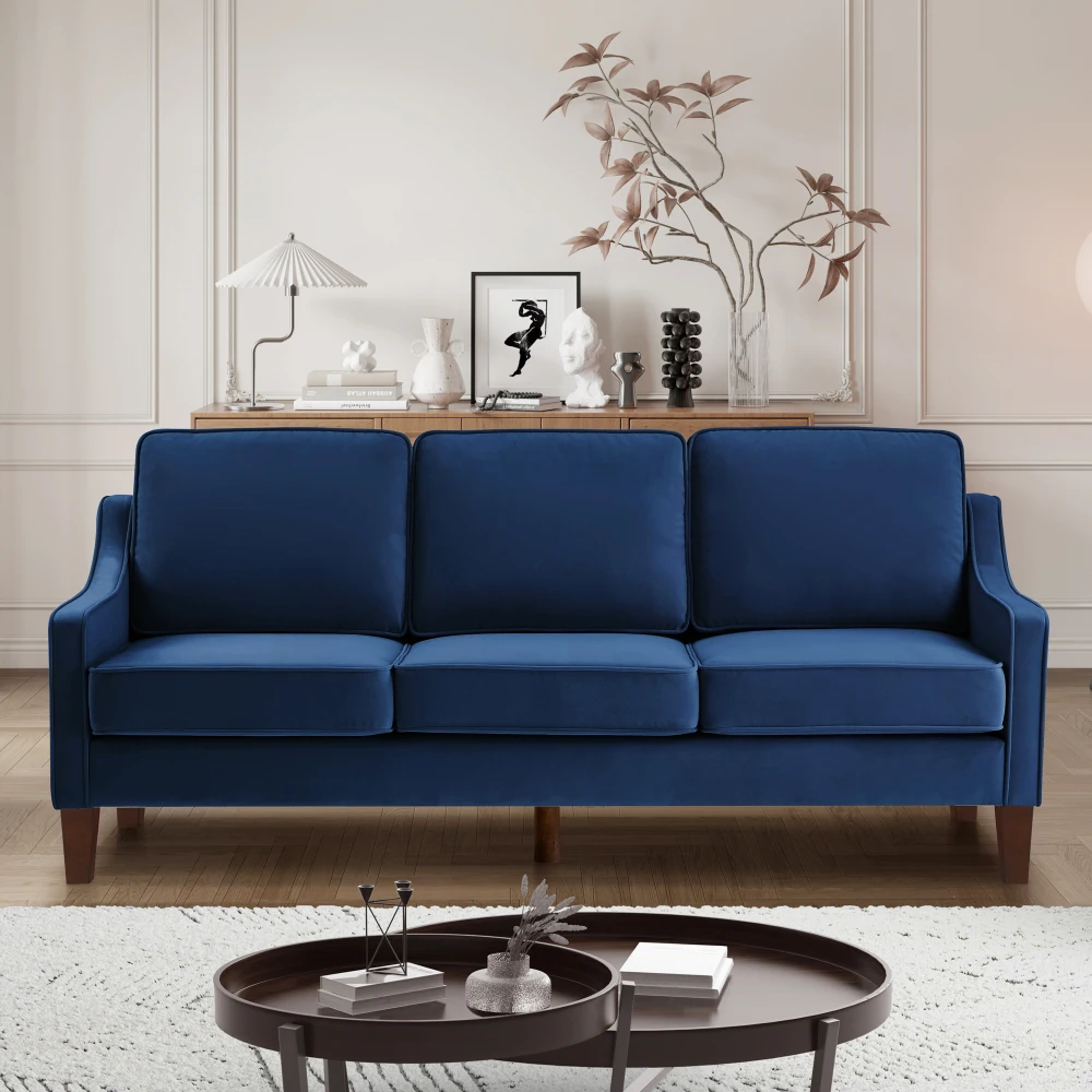 

Modern 3-seater sofa with shovel handrail/wood legs, padded velvet three-seater sofa