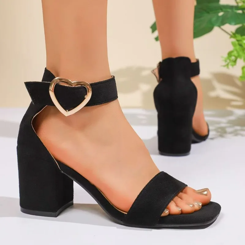Nuovi sandali con tacco largo da donna punta quadrata punta aperta cinturino in metallo scamosciato antiscivolo tacchi alti resistenti all'usura