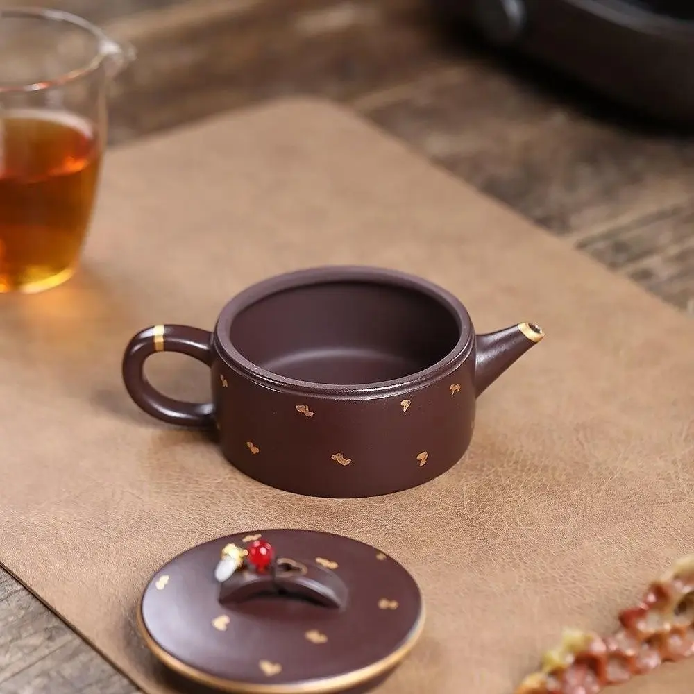 Yixing Zisha Teapot Original Mineral Purple Vermilion Clay Gold-Embossed Large Mouth Han Tile 210Ml Handmade Kung Fu Brewing Pot