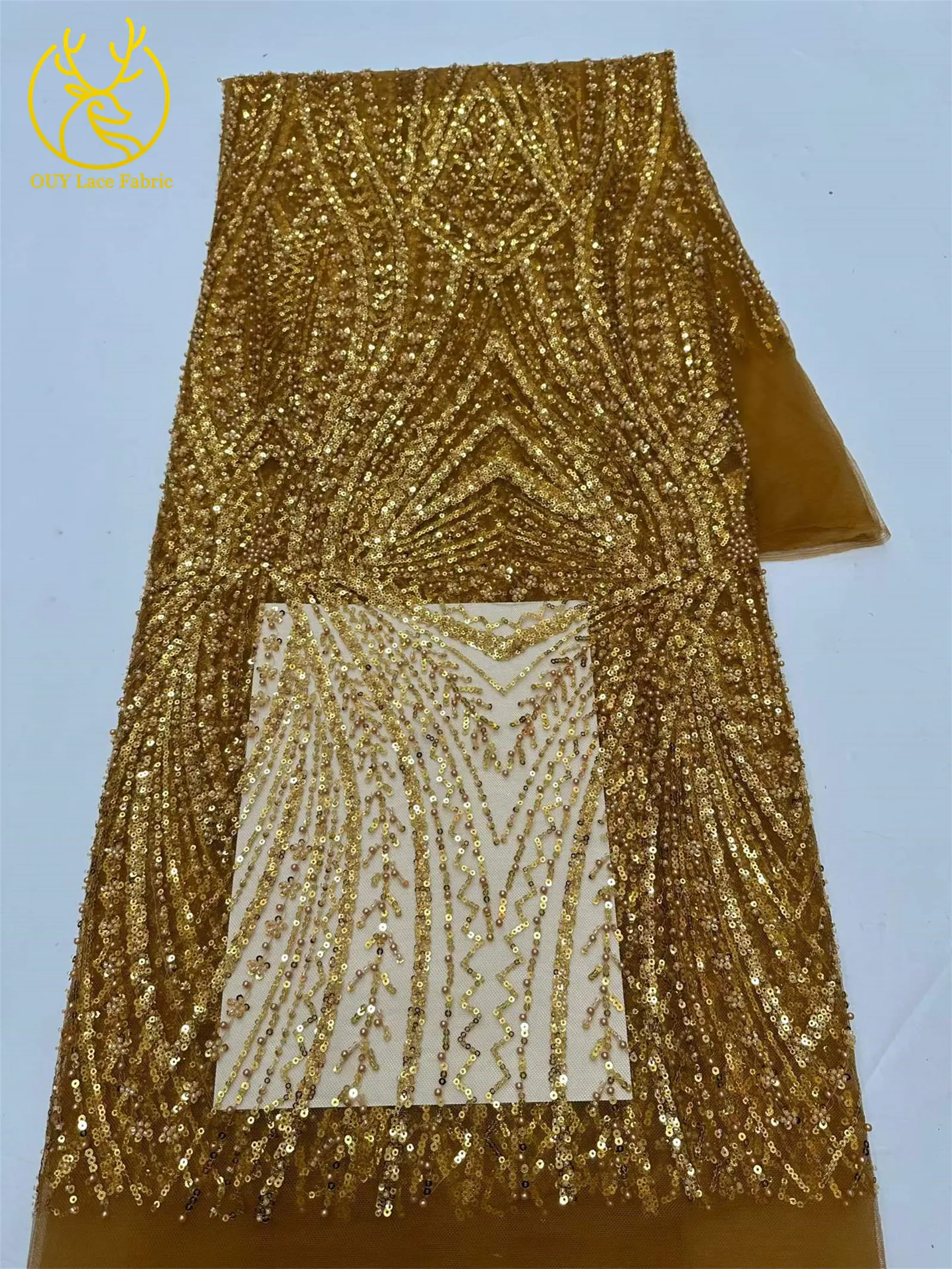 Exquisiter bunter afrikanischer Perlen-Mesh-Spitzenstoff, 5 Yards, hochwertiger französischer Tüll-Spitzenstoff zum Nähen von Brautkleidern – Detail 10