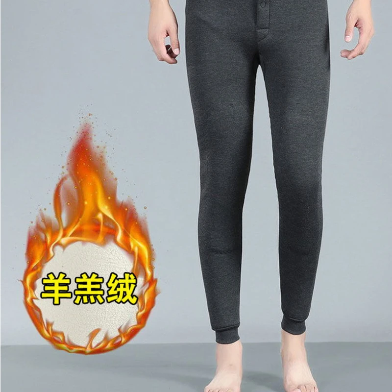 Winter Men Thermal Underwear Bottoms Skin-Friendly Fleece Thermos Pants Warm Wool Thickened Elastic Comfortable Tights Leggings