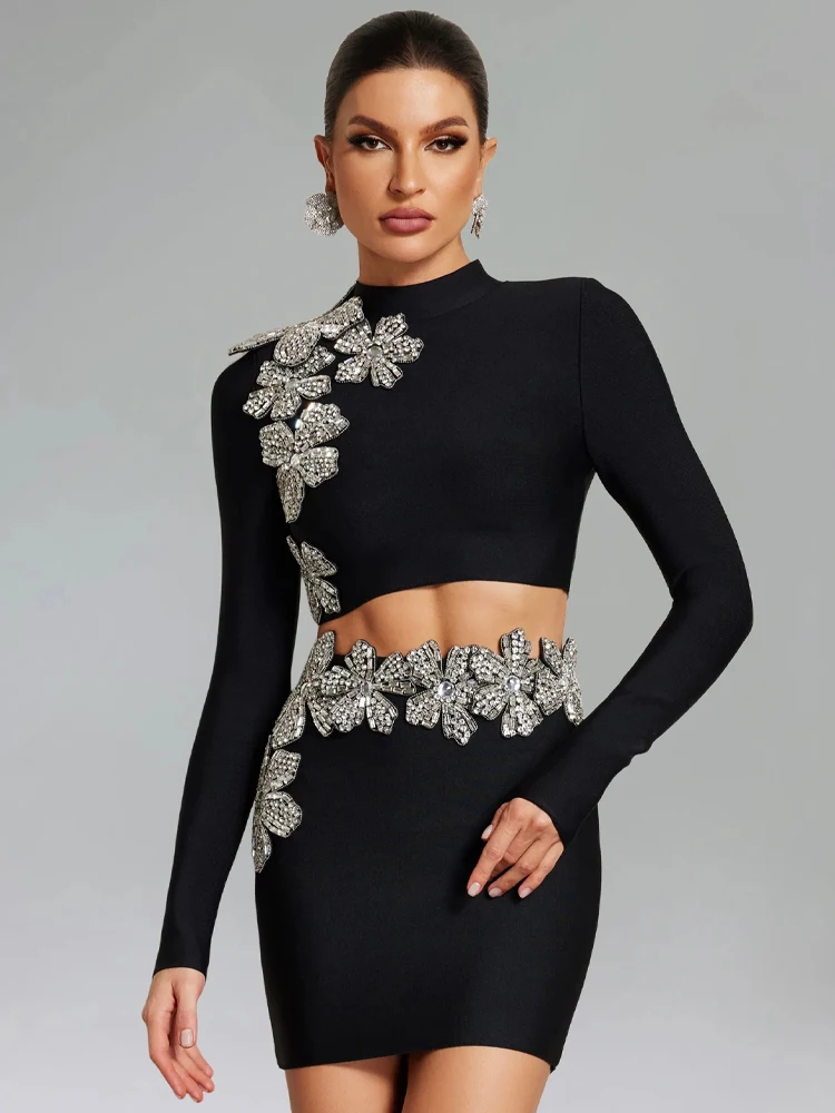 

Glamorous Rhinestone - Flower Black Two - Piece Set Long Sleeve Diamonds 3D Flower Top + Bodycon Mini Skirt Sets