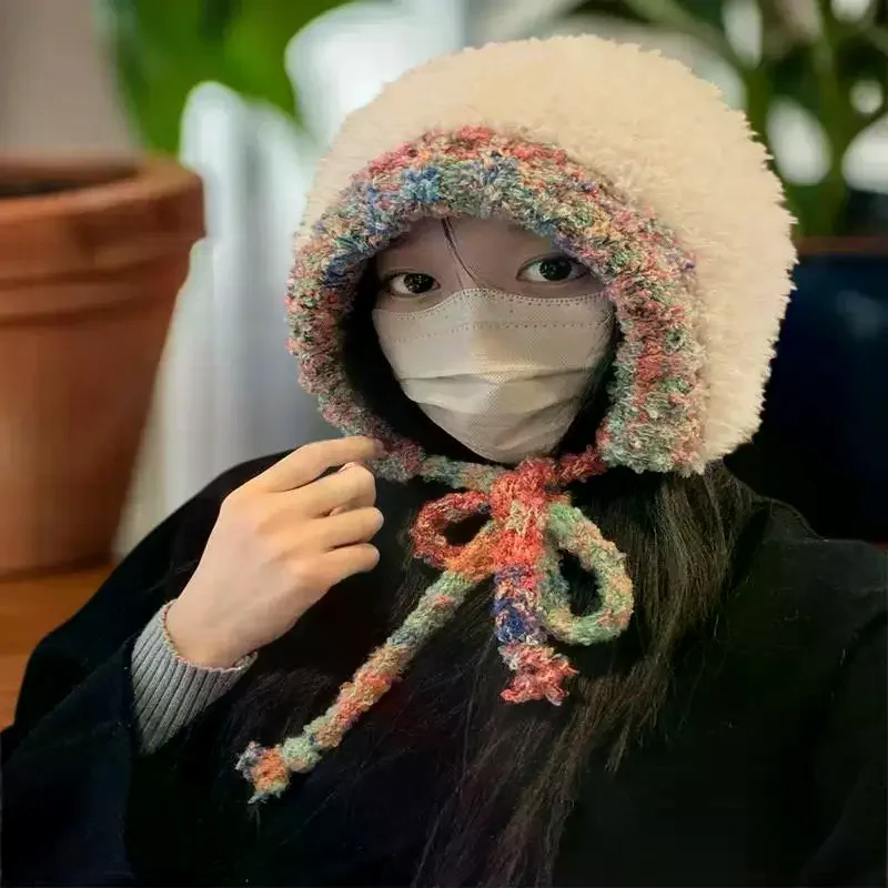 الشتاء النساء الدافئة الأذن حماية قبعة عصرية ومتعددة الاستخدامات محبوك قبعة مزدوجة الغرض حقيبة كروسبودي مقنعين قبعة