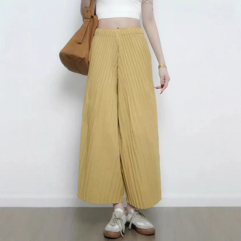 مياكي مطوي 2026 السراويل مستقيم فضفاض عالية الخصر سراويل تقليدية بسيطة تنوعا ركاب جديد واسعة أرجل السراويل الإناث نماذج #3