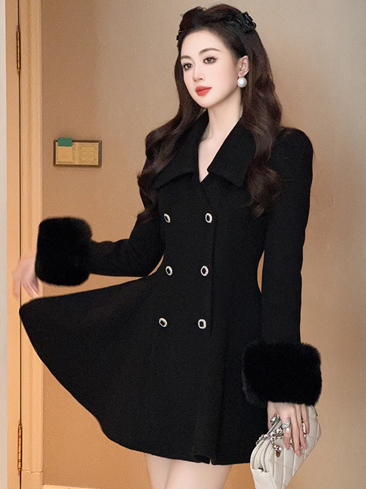 Fashion Elegant Party Jacket for Women Cute Celebrity Black Woolen Coat Fur Long Sleeve Tops Female Clothes Street Prom Outwear