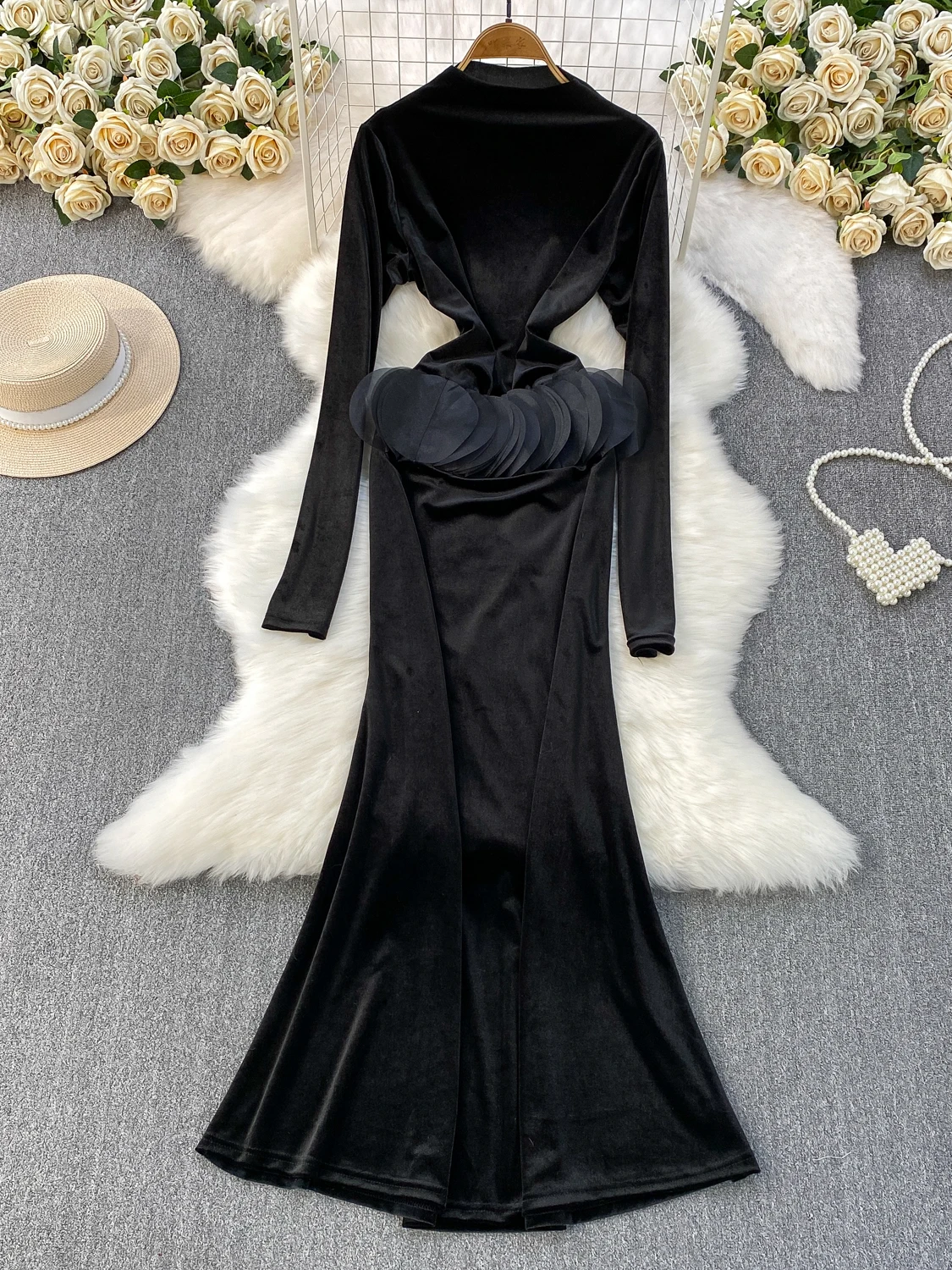 Ele Velvet ثوب نسائي بقصة ضيقة عالي Ne Dr Tee Dimensional بتلة مزخرفة ثوب حفلة Sle مضاد للبيلينغ #1