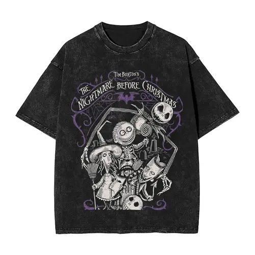 Imagen 1 del producto Camisa lavada Harajuku, traje de pesadilla antes de Navidad, camiseta fresca, ropa de calle de gran tamaño, Tops con estampado con dibujo 100% de algodón