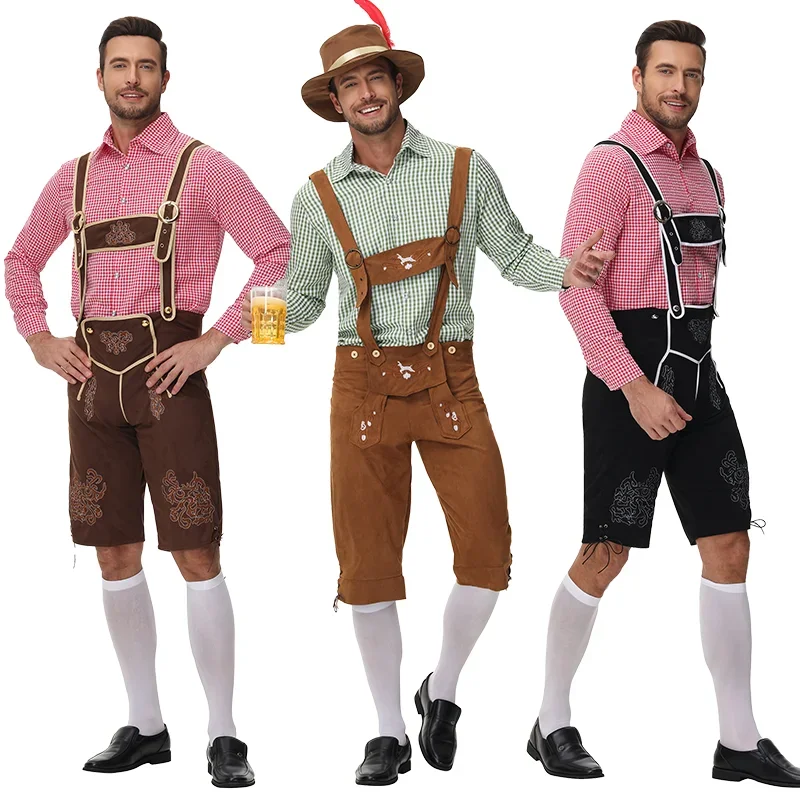 

Oktoberfest Lederhosen Costume Men German Beer Festival Long Sleeve Plaid Shirt Suspenders Male Traditional Munich Outfit