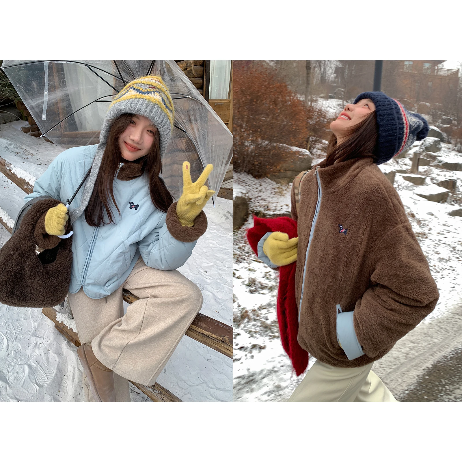 

Sisilyon Double-Sided Wearable Embroidered Doggies Faux Fur Cotton Jaet Women's Korean Sle Straight Cut Winter Coat