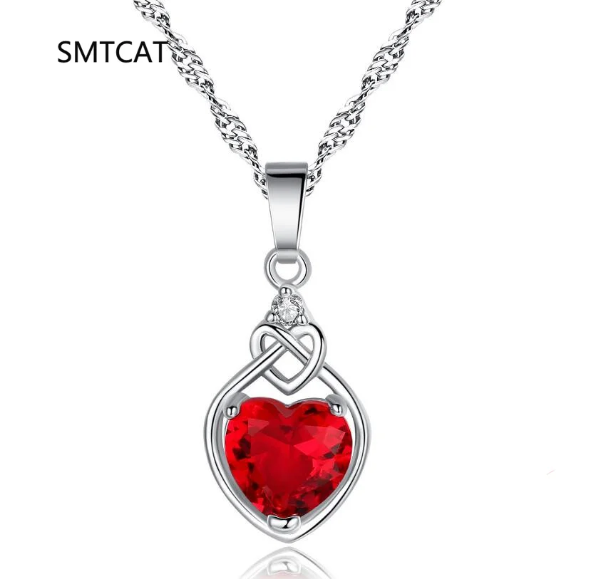 Heart Knot Created Red Ruby Natural Garnet 925 Sterling Silver Pendant Necklace for Women Gemstone Jewelry Choker de Prata view 2