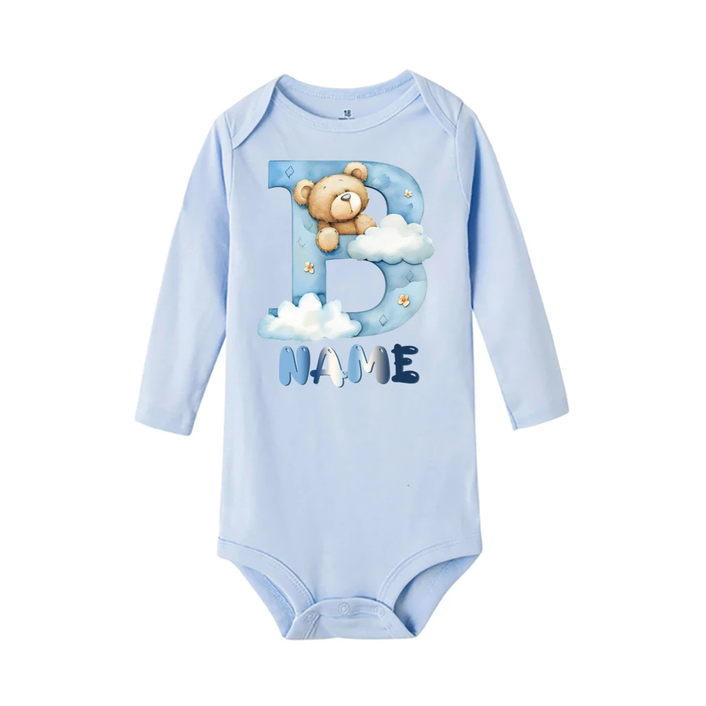 Personalized Cloud Bear&Alphabet Print Baby Bodysuit Custom Name Long Sleeve Infant Romper Casual Fashion Round Neck Clothes