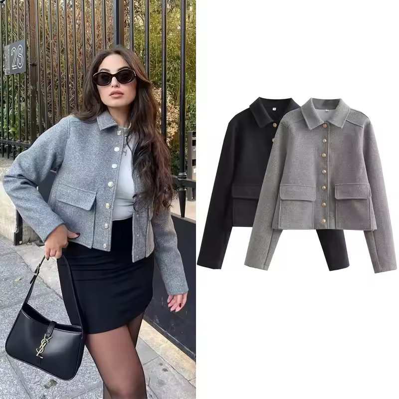 Traf jaqueta feminina aviador preta lã e misturas casacos recortados jaqueta bomber outono inverno demi-temporada jaqueta colheita outerwears