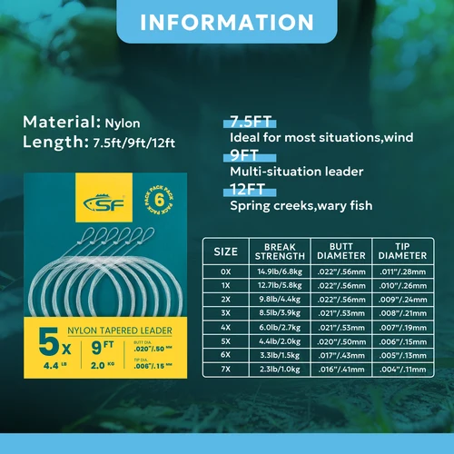 Imagen 2 del producto Línea de pesca con mosca líder cónico de nailon SF 6 uds con bucle preatado/bucle soldado 7,5 pies 9 pies 12 pies 0-7X