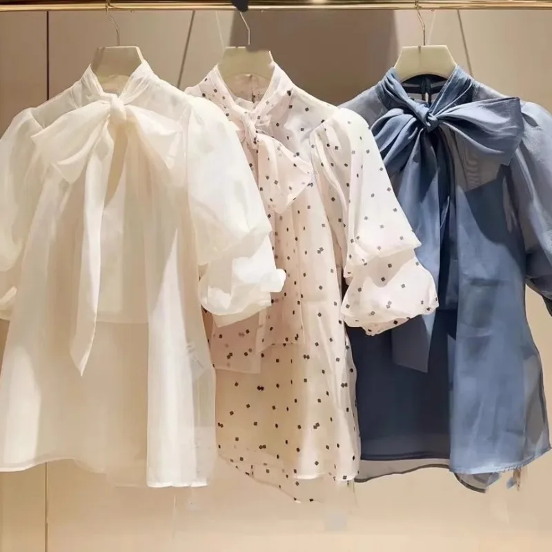 Camisas con mangas abullonadas, Blusas con lazo, Blusas de estilo japonés, Ropa elegante de Organza para Mujer, Tops nuevos para primavera y verano 2025