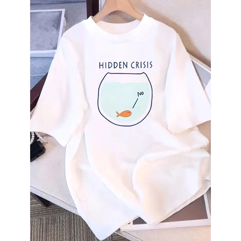 Funny Goldfish in Bowl Graphic T-Shirt Cute Cartoon Illustration Style Fish Letter Print Casual Crew Neck Short Sleeve Y2k Tops