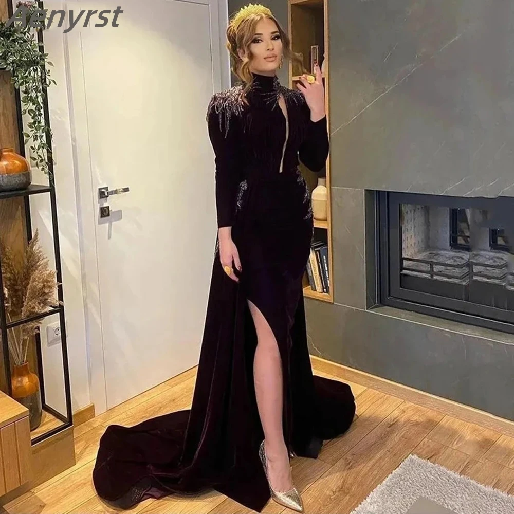 2024 Zwarte Hoge Hals Avondjurken Lange Mouw Kanten Zeemeermin Saudi Arabia Gala Gown Side Split Party Jurken فساتين مناسبة رسمية