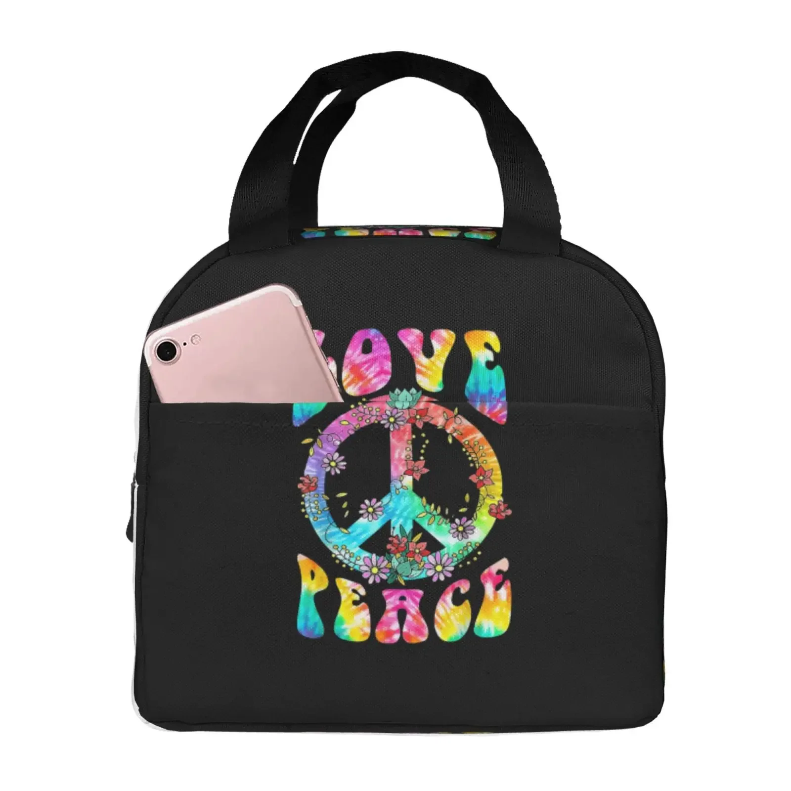 PEACE SIGN LOVE 60s 70s Lunch Bag Women Portable Cooler Thermal Insulated Lunch Box For  School Multifunction Food Bento Box