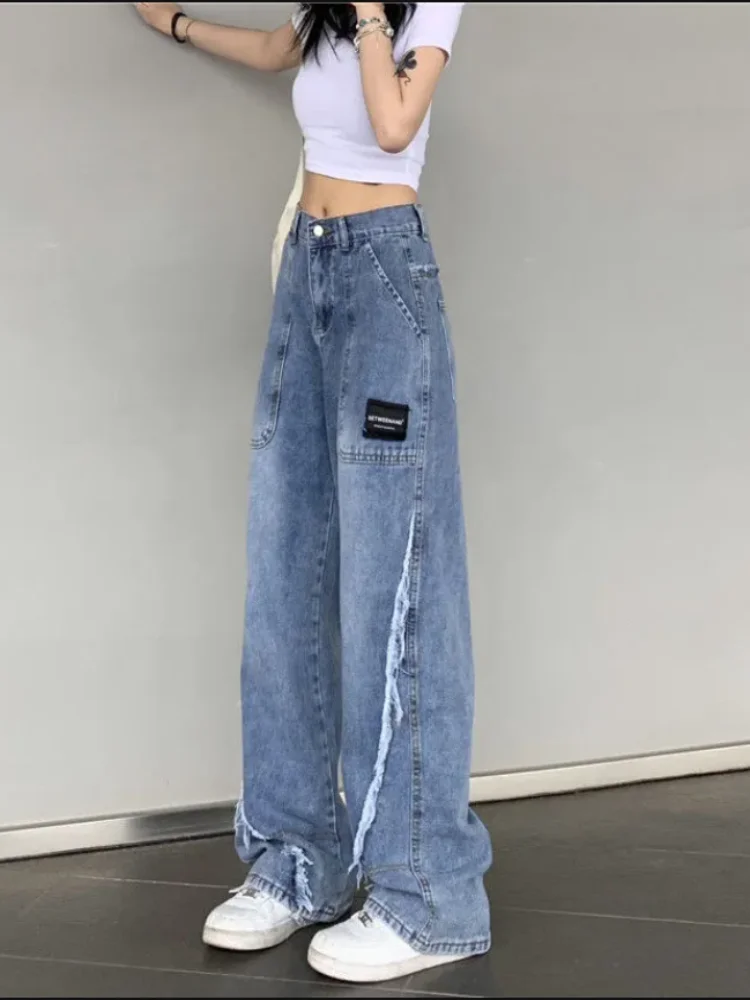 Blast Street Raw Edge Jeans Women's Spring Summer New High Waist Straight Pants Fashion Loose Wide-Leg Pants Female Jeans