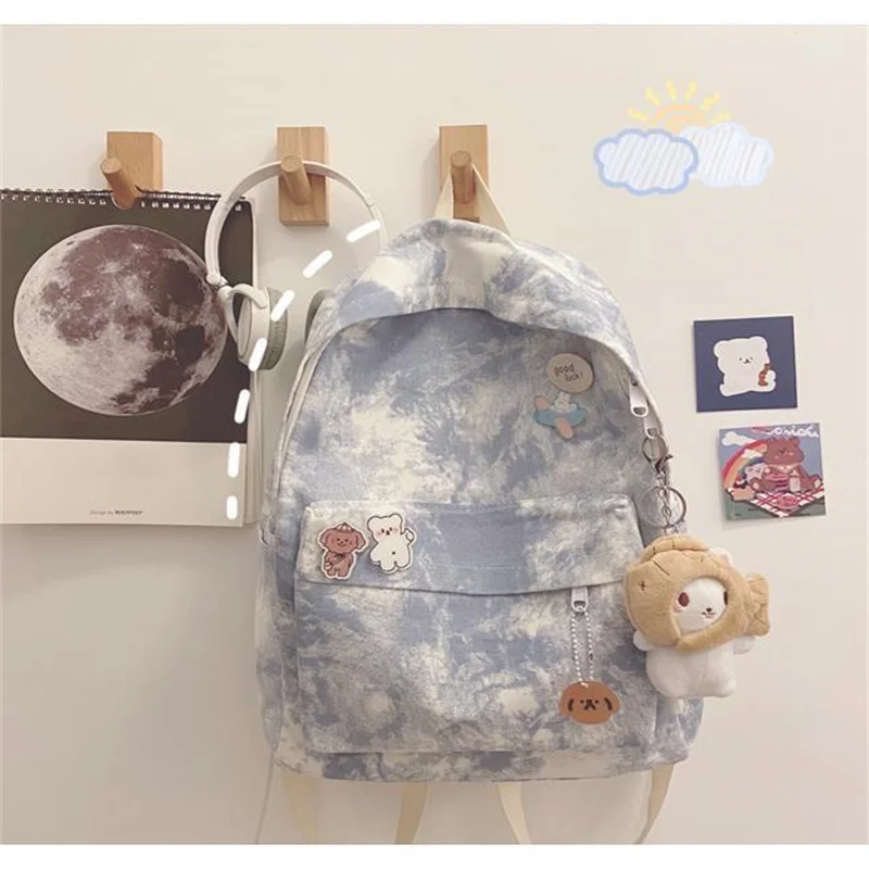 Kawaii Sweet Tie Dye Book Bag, Teens Girls High School Bookbag, Canvas Versatile Travel Backpack