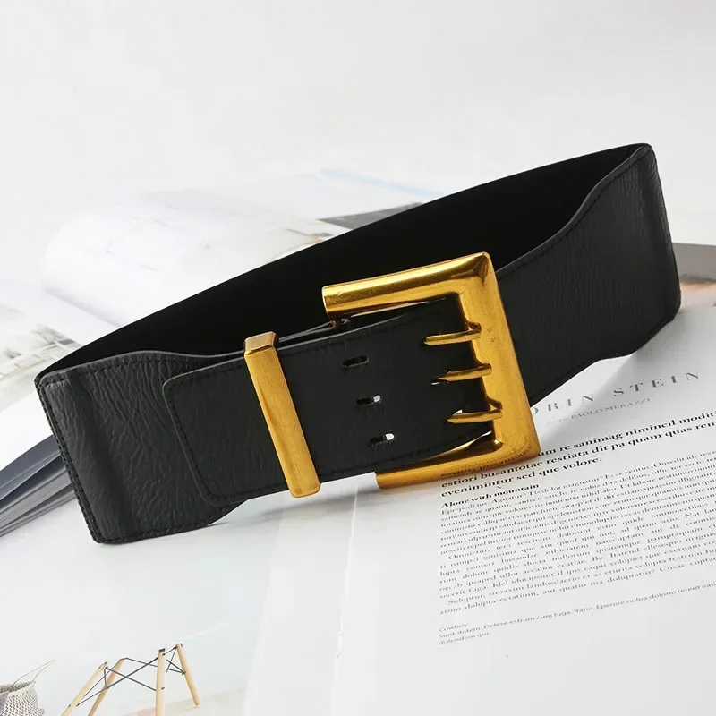 High Quality Retro Elastic Wide Belt Gold Buckle Ladies Fashion Suit Coat Girdle Waist Belts for Women Luxury Designer Brand