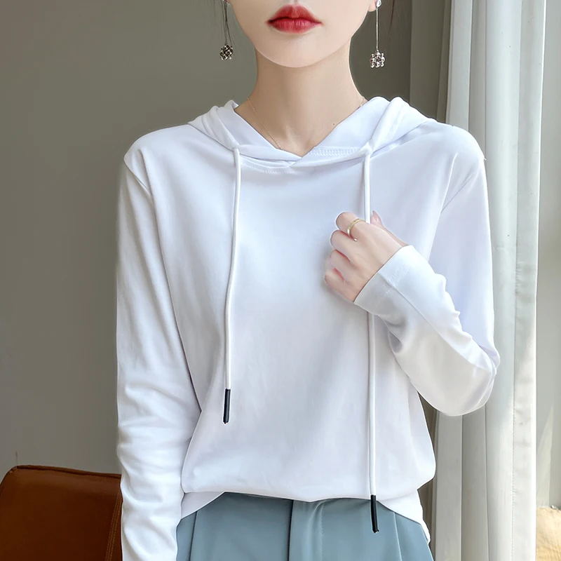 Spring and Autumn New 100% Mercerized Cotton Hoodie Women\'s Loose Long Sleeve T-shirt Solid Color Base Top