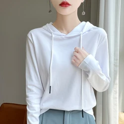 Spring and Autumn New 100% Mercerized Cotton Hoodie Women's Loose Long Sleeve T-shirt Solid Color Base Top