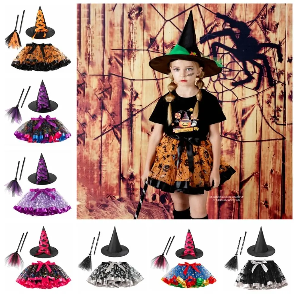 

Gothic Kids Halloween Costume with Hat Wand Halloween Tutu Dress Broom Novelty Halloween Children's Witch Dress Carnival Party