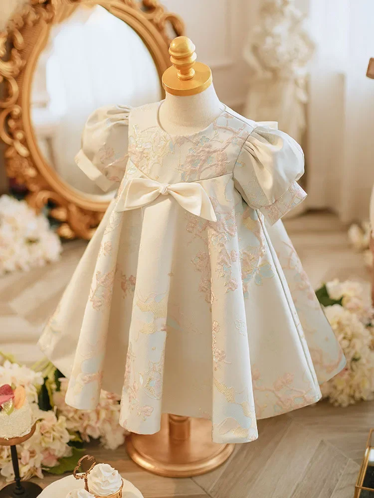 Baby Girls Luxurious Party Dress for Summer Children Printed with Bow Ball Gowns for Baptism Infant Vintage Evening Dresses