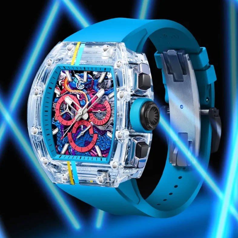 

CRONUSART Мужские часы-хронограф Tonneau с сапфировым корпусом Автоматические механические наручные часы Светящийся циферблат Дракона Фторкаучуковый ремешок