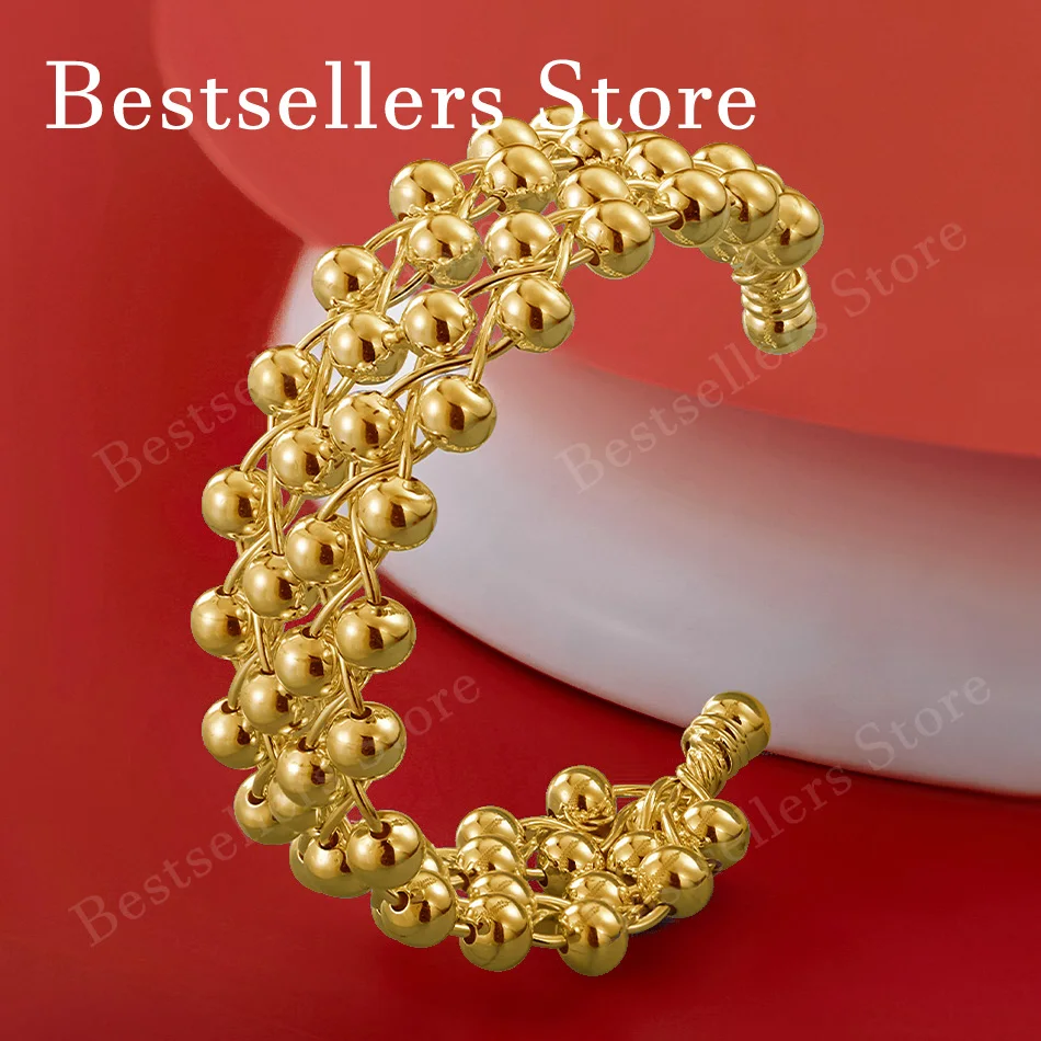 925 Sterling Silver 18K Gold Plated Exquisite Woven Beaded Open Bangle for Women, Fashionable Wedding Party Jewelry