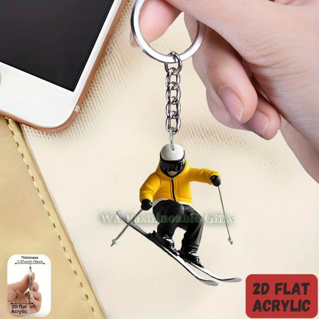 Skier Keychain,Ski Athlete 2D Flat Acrylic Pendant,Skiing Themed Ornament Charms,Hanging Decoration for Bags/Festive/Party/Gift