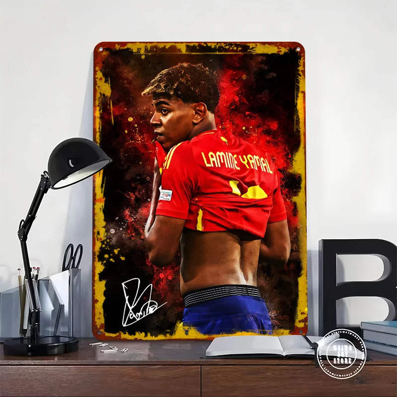Lamine Yamal Portrait Printed Poster Customized Retro Wall Art Vintage Metal Tin Signs for Home Bathroom Decor Decoration Gaming