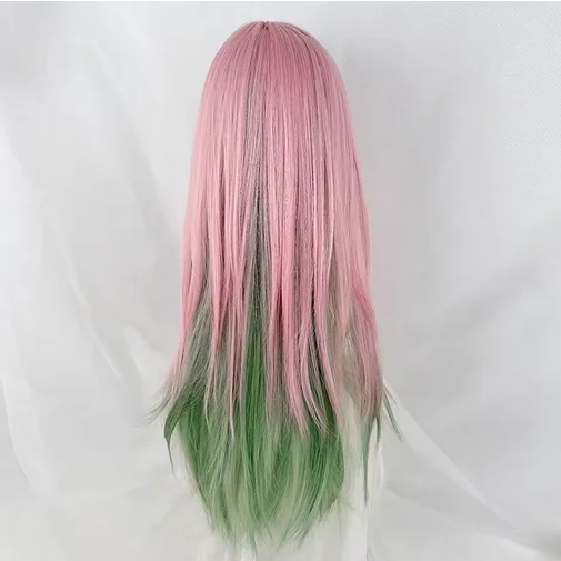 Pink Ombre Green Synthetic Long Straight Layered Fluffy Women Heat Resistant Wig for Daily Party Lolita Cosplay