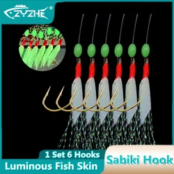 ZYZ-anzuelo de pesca Sabiki, anzuelos luminosos de piel de pescado, 1 Juego de 6 anzuelos, anzuelo de púas con cuentas luminosas, accesorios de pesca