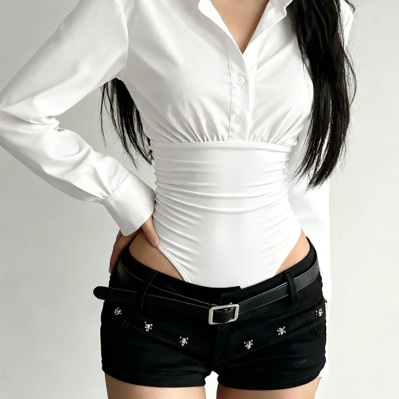 Letnia Moda Nowy Design Elegancki Styl Pikantny Dziewczyna Trójwymiarowy Top Prosty Dopasowany Uniwersalny Kombinezon Koszulowy z Długim Rękawem