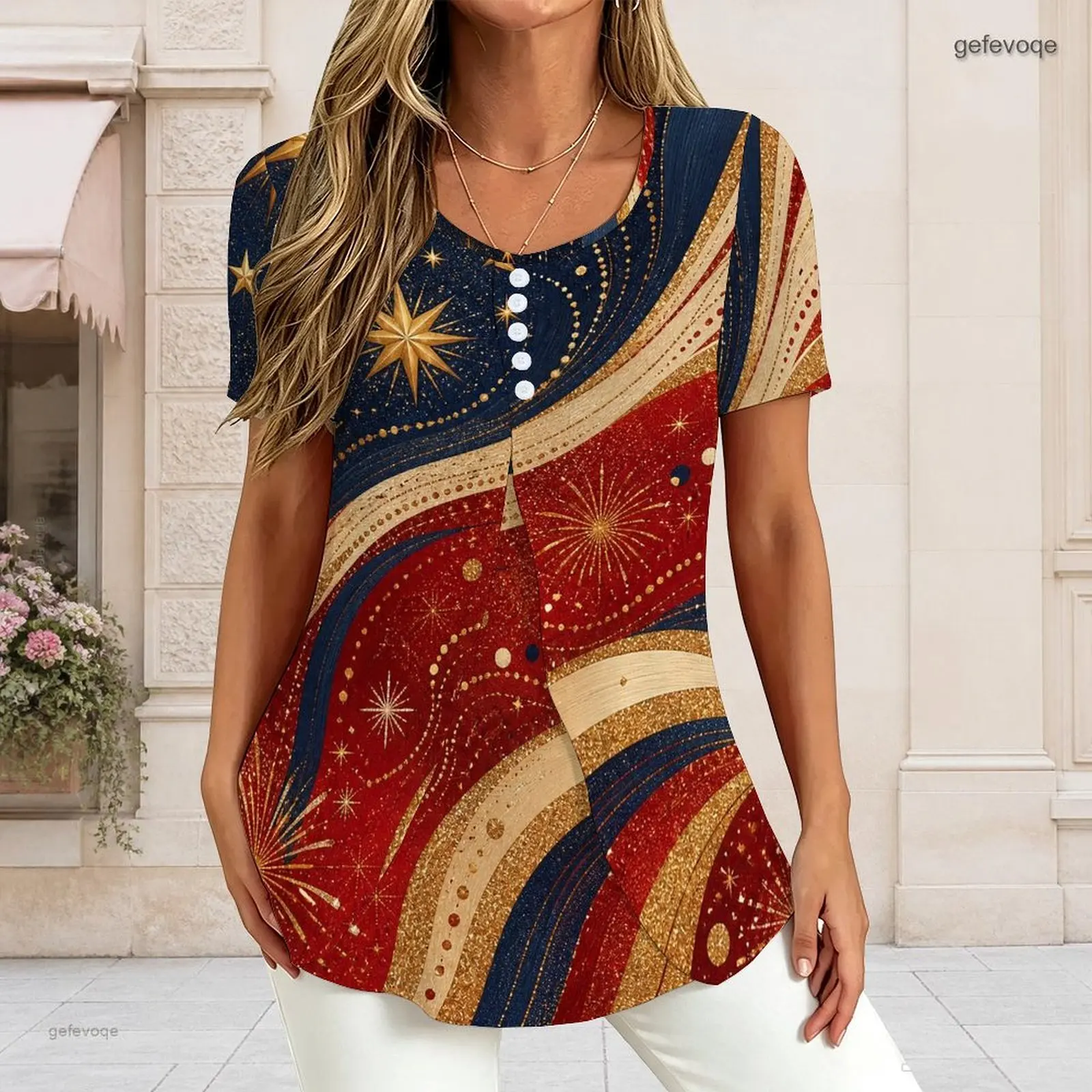 Women V Neck Short Sleeve T Shirt Half Button Placket Fake Two Piece Layered Curved Hem Loose Tunic Top Custom Print Ladies Casu