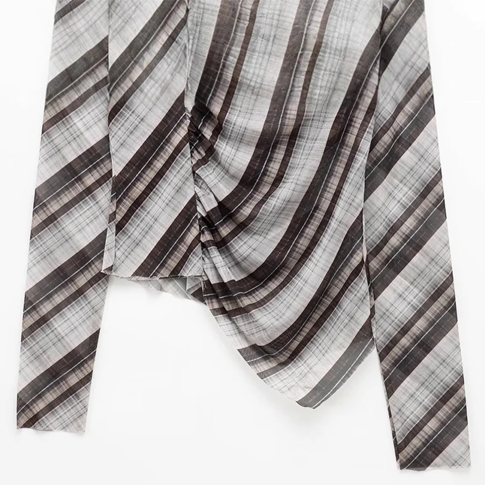 T-shirt casual in tulle scozzese stile europeo e americano Top plissettato alla moda da donna per streetwear