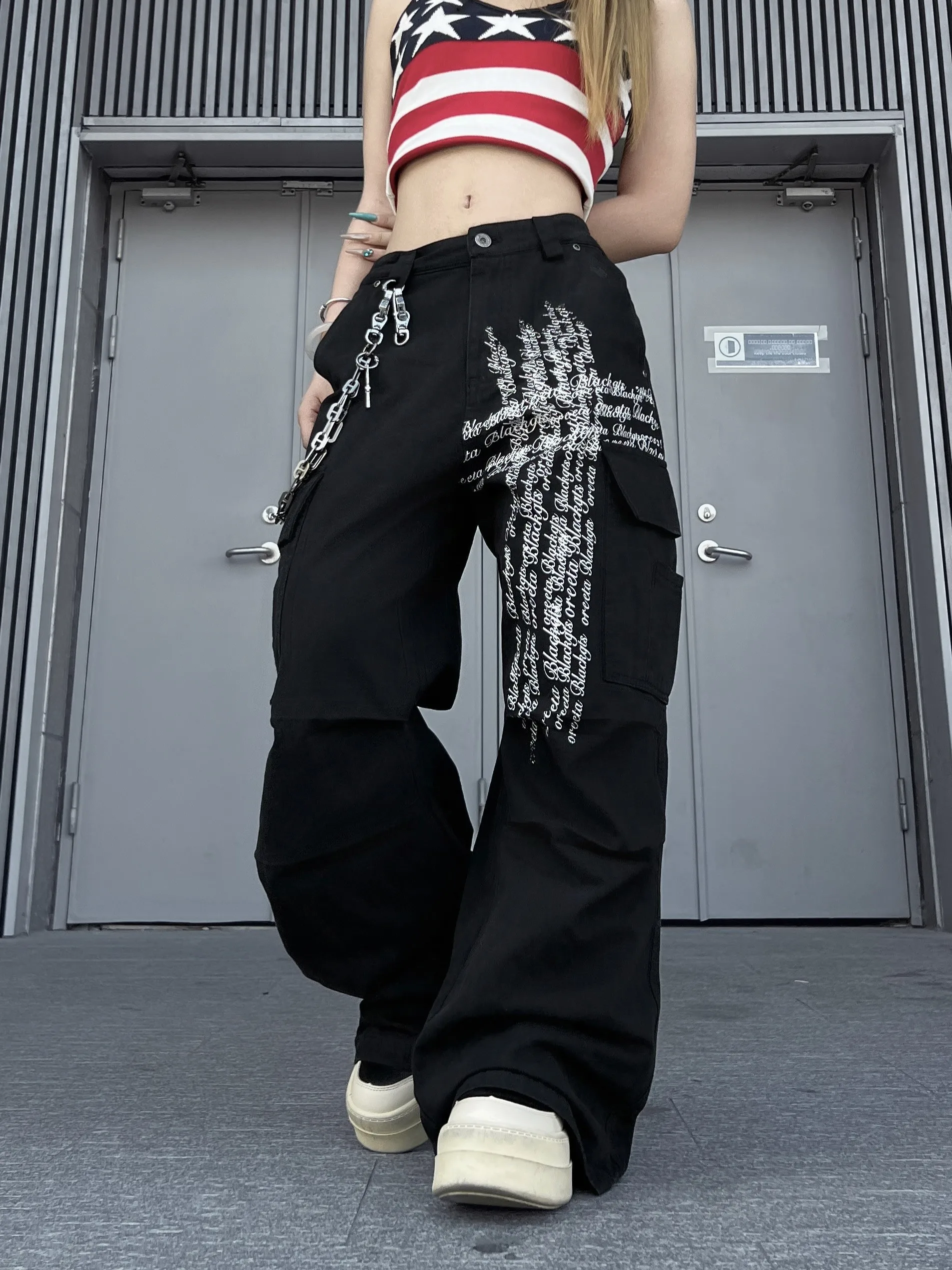 

American Sle Worn Casual Pants Wide Leg Straight Cut Loose Design ket Detail Water Waed mid Waist Button Closure