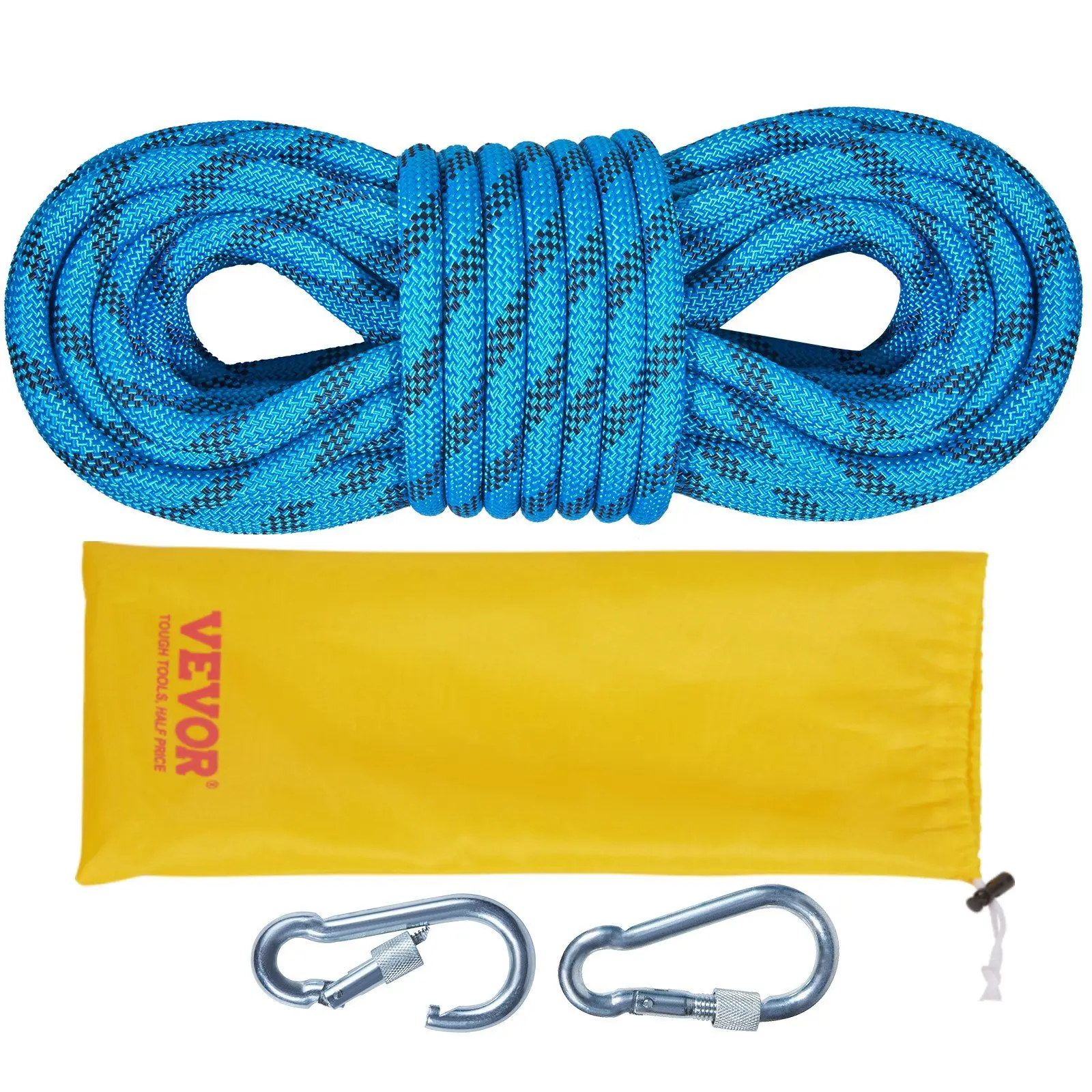 

"64ft static climbing rope (10mm, 26KN), 2 carabiners + bag. For climbing & emergencies."