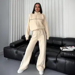 Women Sport Clothes Stylish Women's Winter Tracksuit Set with Half-high Collar Coat Wide Leg Pants Zip-up Long Sleeve for Cold